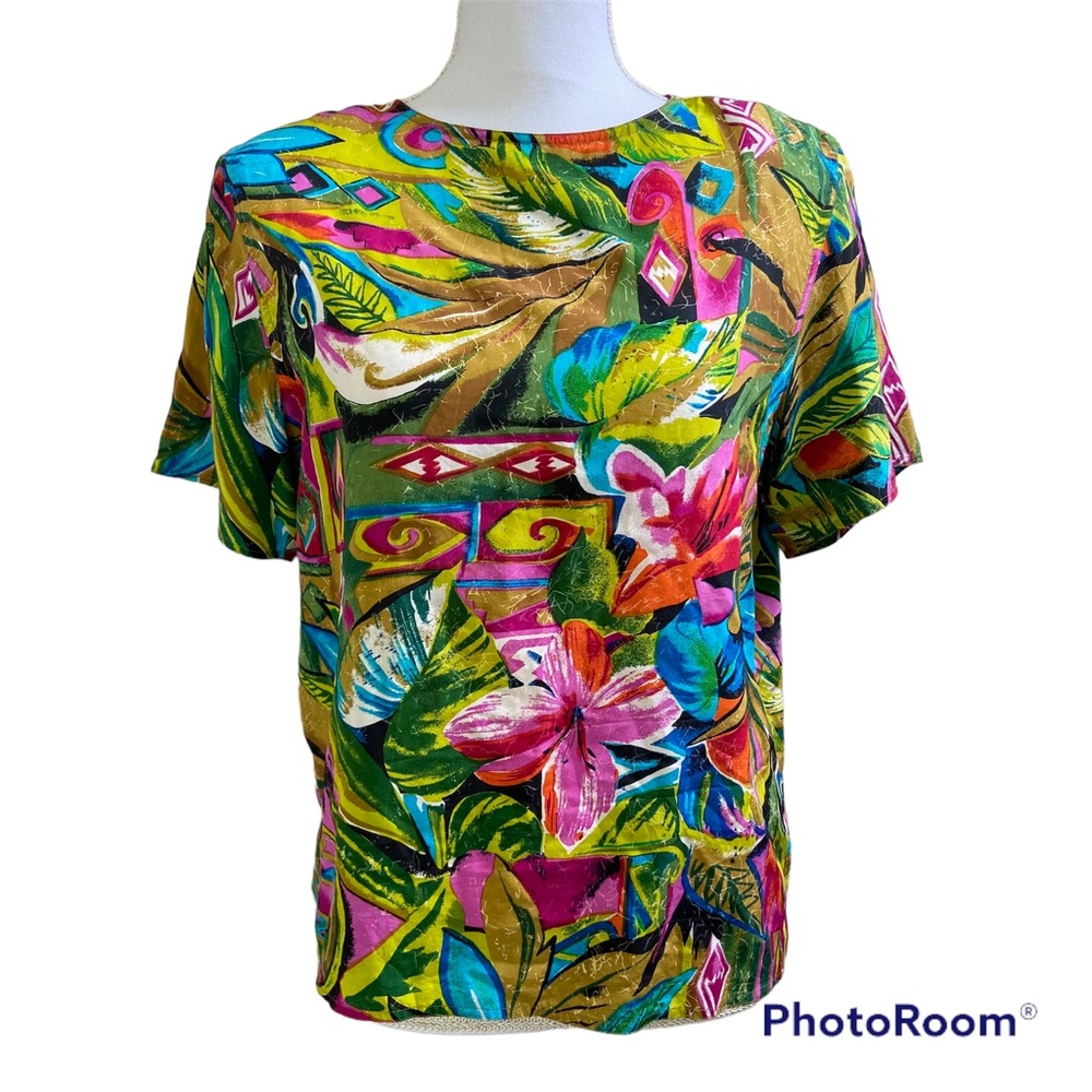 Tess 100% Silk Vintage Boxy Short Sleeve Top Tropical Abstract Bright Medium 80s